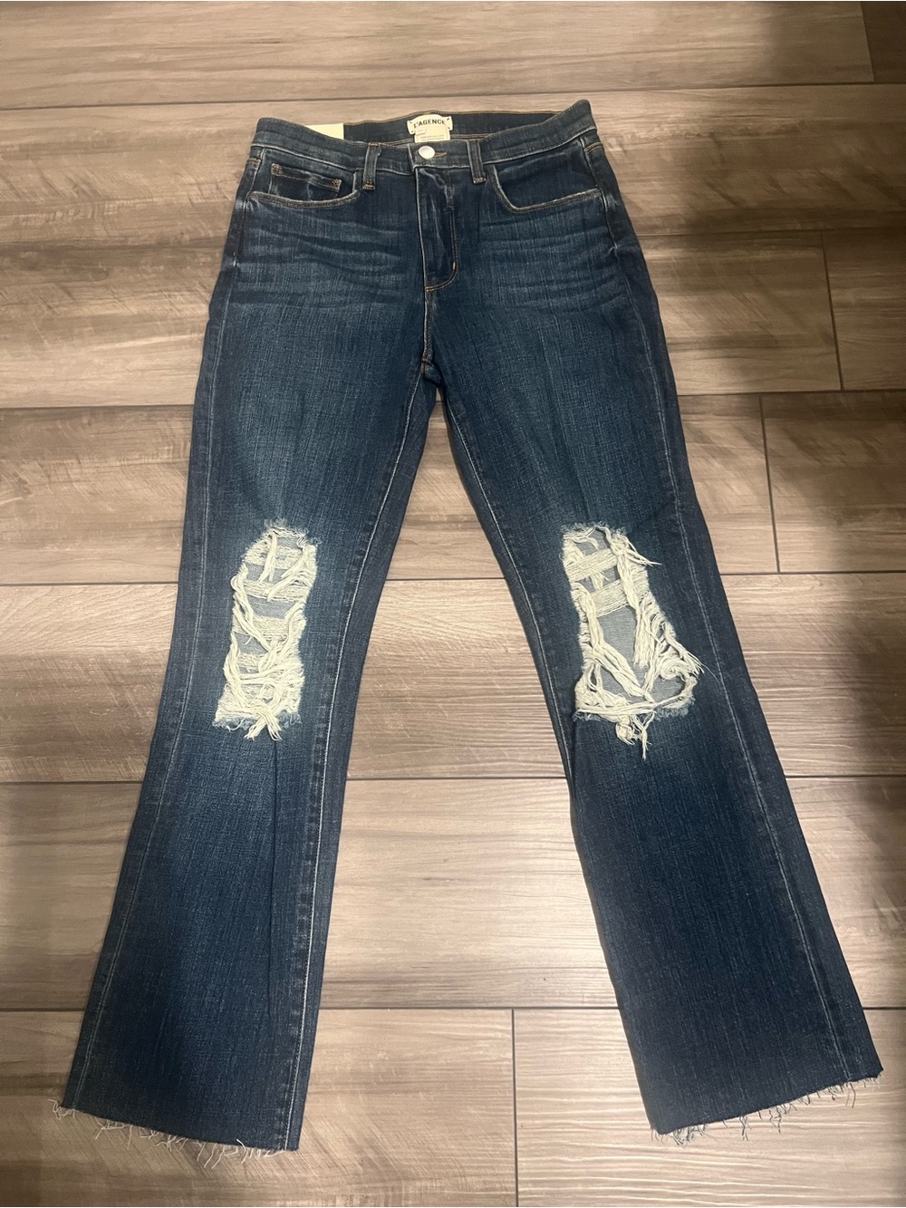 L'AGENCE Dark Blue Distressed Knee Flare Jeans